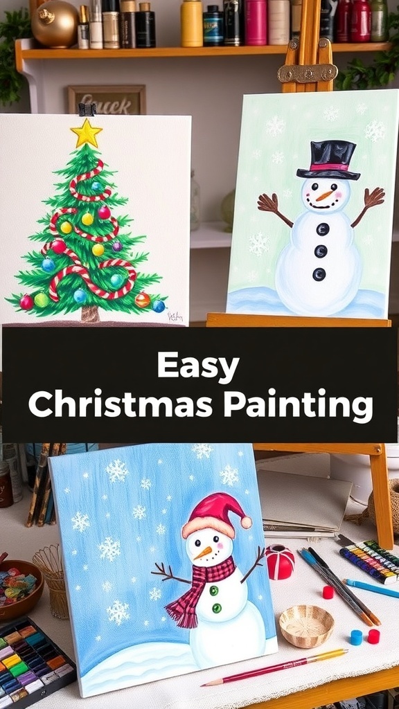 Easy Christmas Painting Ideas Easy Christmas paintings including a tree, snowman, and ornaments in a cozy art studio.